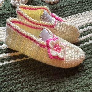 Hand-Knit Slipper Socks in Cream and Pink size medium